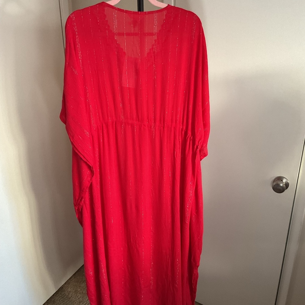 Gypsie Blu Red Rayon Kaftan Maxi Dress OS Plus Lurex Stripe Boho Vacation - Picture 6 of 7